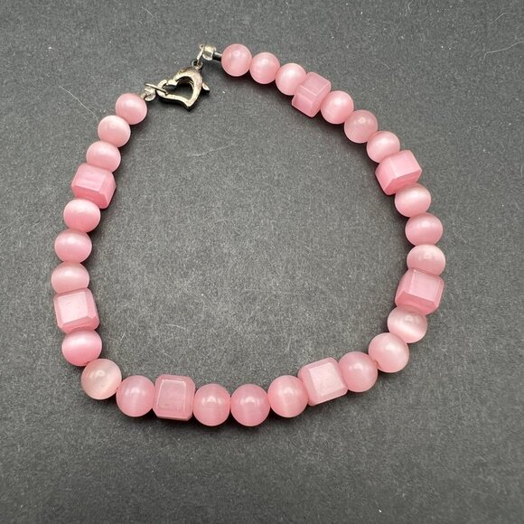 Pink Beaded Bracelet Cat Eye Beads Square And Round Beads Heart Clasp Handmade - Picture 1 of 5